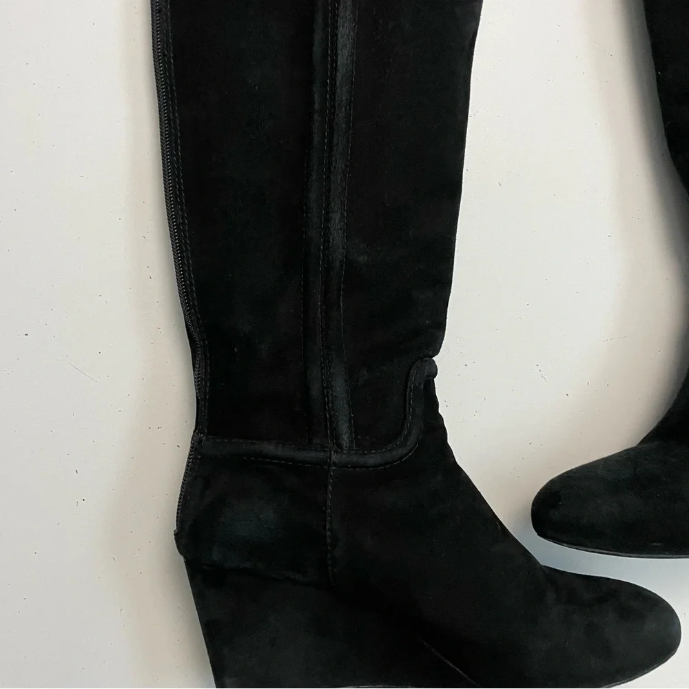 Tory Burch Boots Irene Wedge Tall Softy Suede Leather Logo Black
